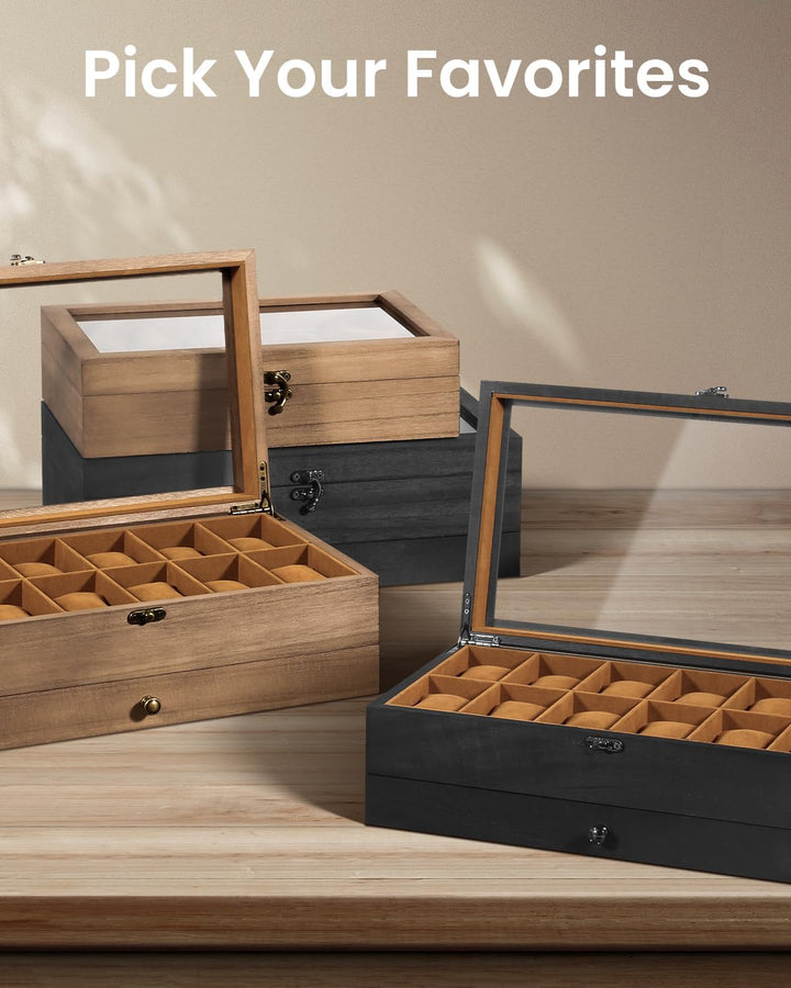 Uten Uhrenbox mit 12 Fächern, 2 Ebenen Uhrenkasten aus Massivholz mit Glasdeckel, Uhrenkissen Seiden