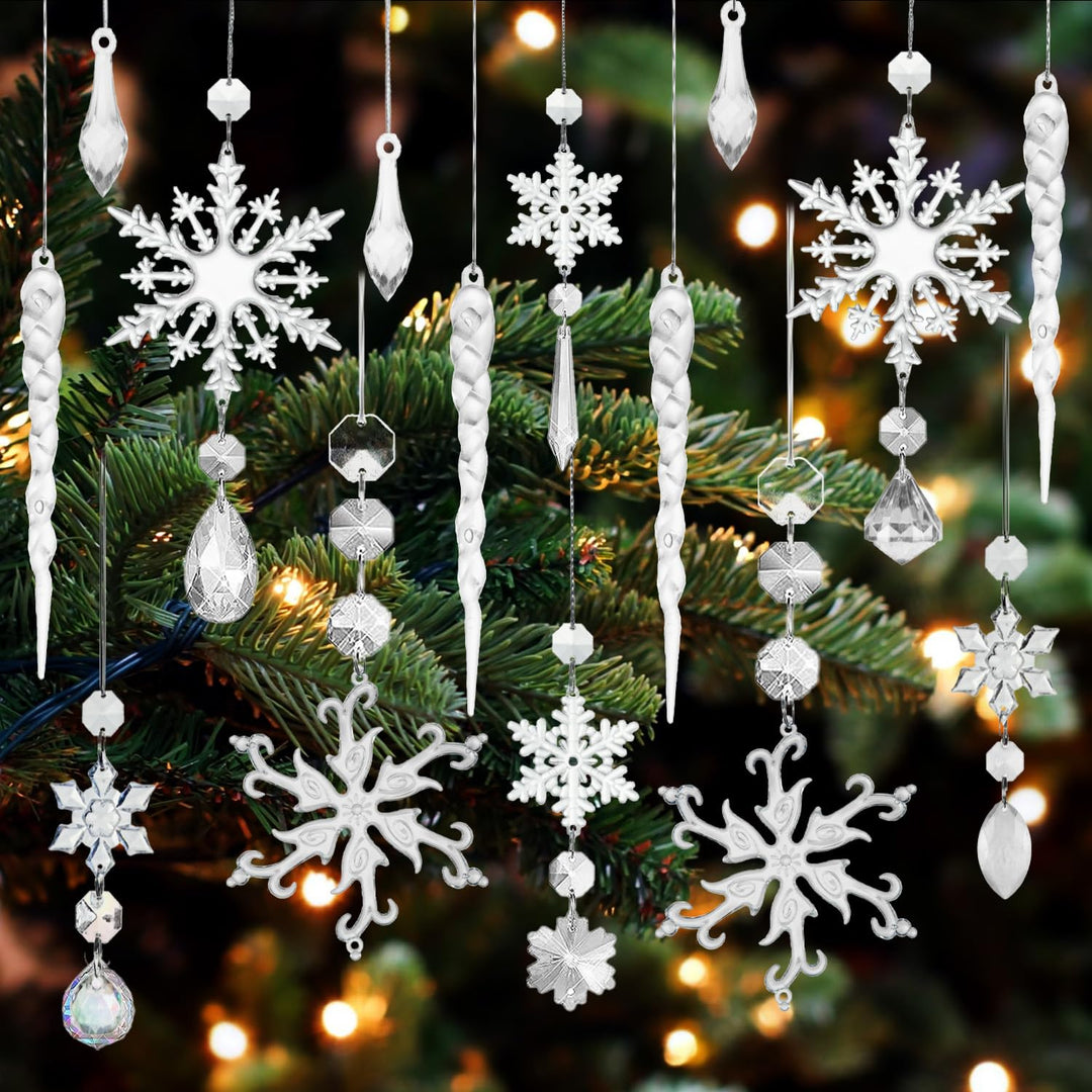 Weihnachtsbaumschmuck- Acryl Eiszapfen Schneeflocke Eistropfen Anhänger-16 Stück Weihnachtsbaumschmu