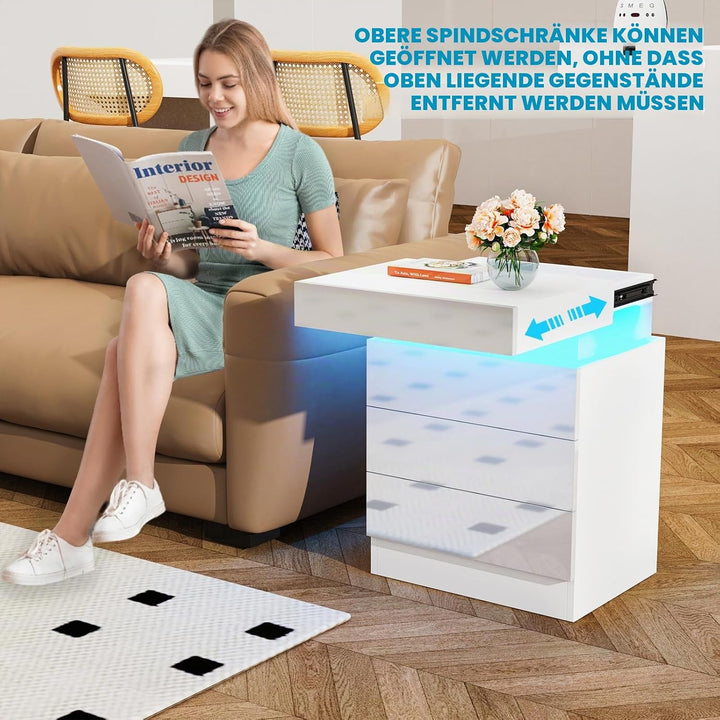 Lvhcmfohm Nachttisch Weiss 2er Set, Nachtschrank mit Led Licht, Nachtkommode mit 3 Schubladen und Sc