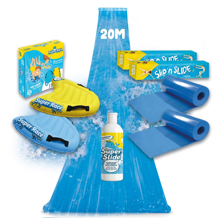 Original Cup Slipn'Slide 20 Meter XXL Pack | 2 Wasserrutschmatte 10 Meter + 2 Bodyboards + 1 Liter e