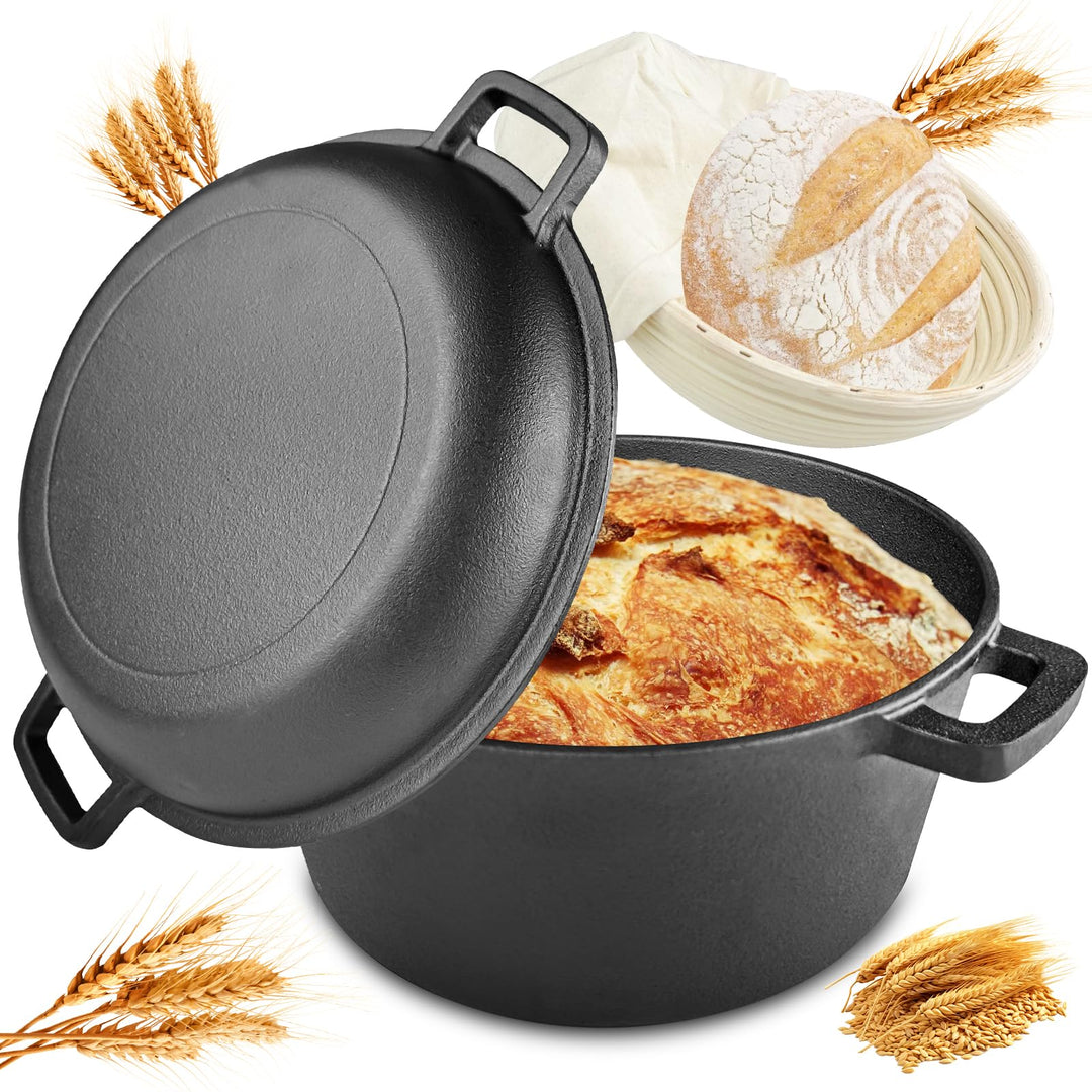 26cm Gusseisen Topf, Inkl Gärkorb, Robuste Brotbackform mit Deckel, Brotbacktopf, Idealer Brottopf,