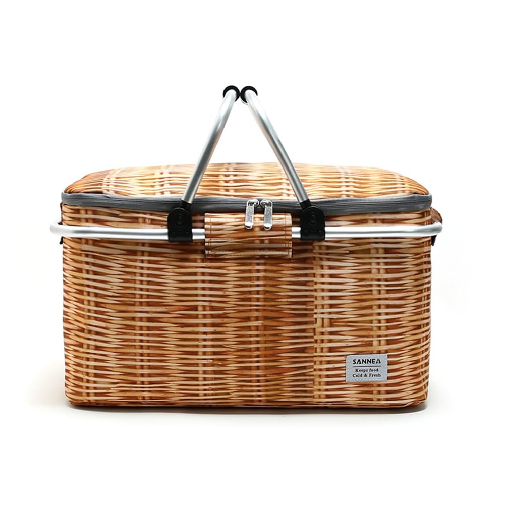 Picknickkorb mit Lsolierung, Weidenkorb Muster, Faltbarer Einkaufskorb 25L Kühltasche Thermotasche I