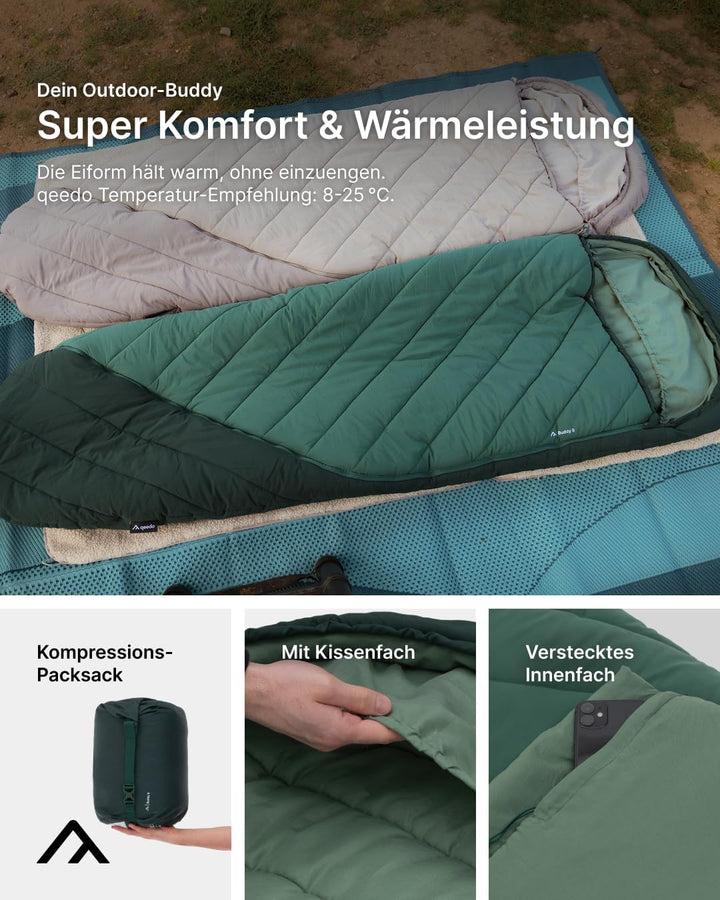 qeedo Buddy 8 Schlafsack Outdoor Sommer (8-25°C) 3 Jahreszeiten - Mumienschlafsack Erwachsene &amp; Juge