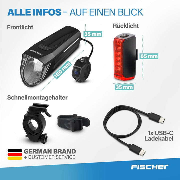 FISCHER Fahrrad LED-Akku Beleuchtungs-Set Twin Stop 100 Lux, mit Sensormodus, Lange Leuchtdauer, sta