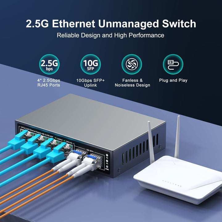 6-Port 2.5G Unmanaged Ethernet Switch, 4 x 2.5G Base-T-Ports, 2 x 10G SFP+, kompatibel mit 100/1000/