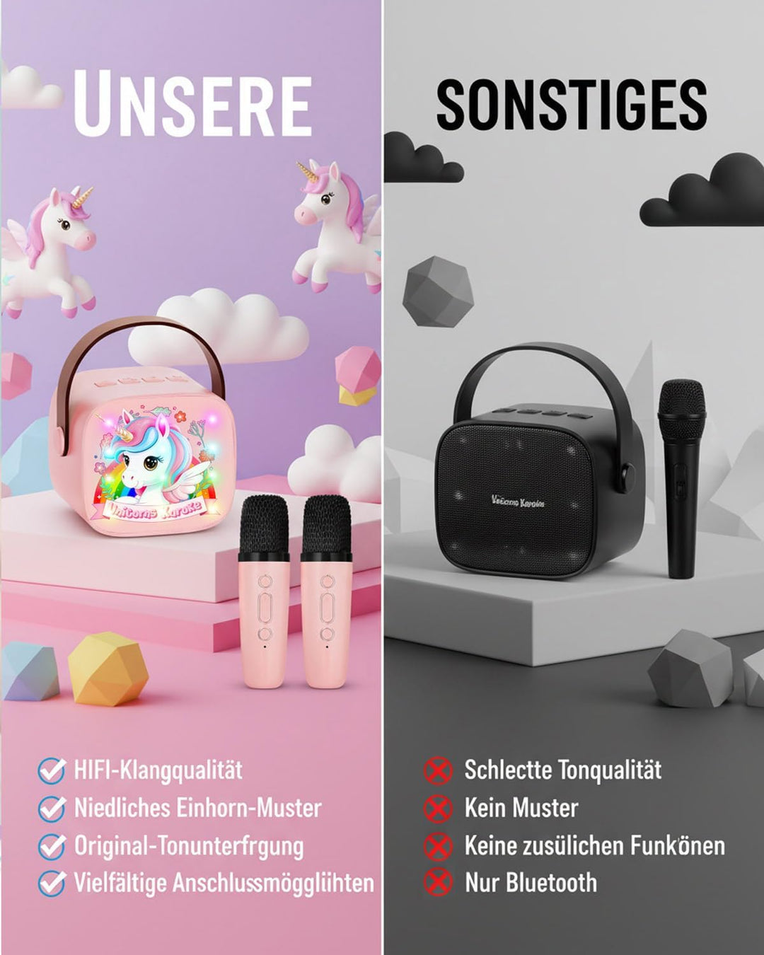 Karaoke Maschine Kinder mit 2 Bluetooth Mikrofon, Tragbarer Karaoke Drahtlosen Mikrofon mit LED-Lich
