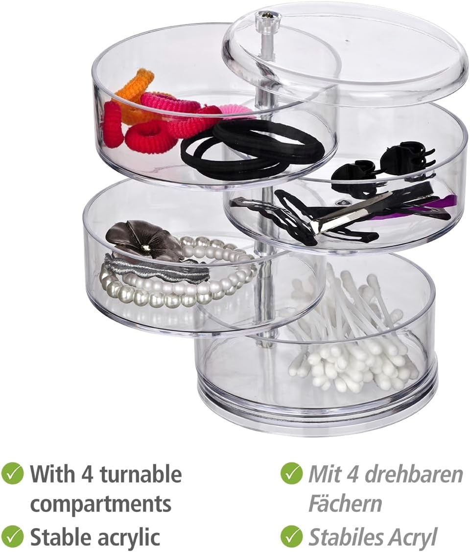 WENKO Kosmetik Organizer Tower, Aufbewahrung für Make-up und Haarschmuck, 4 Fächer, Acryl, Transpare