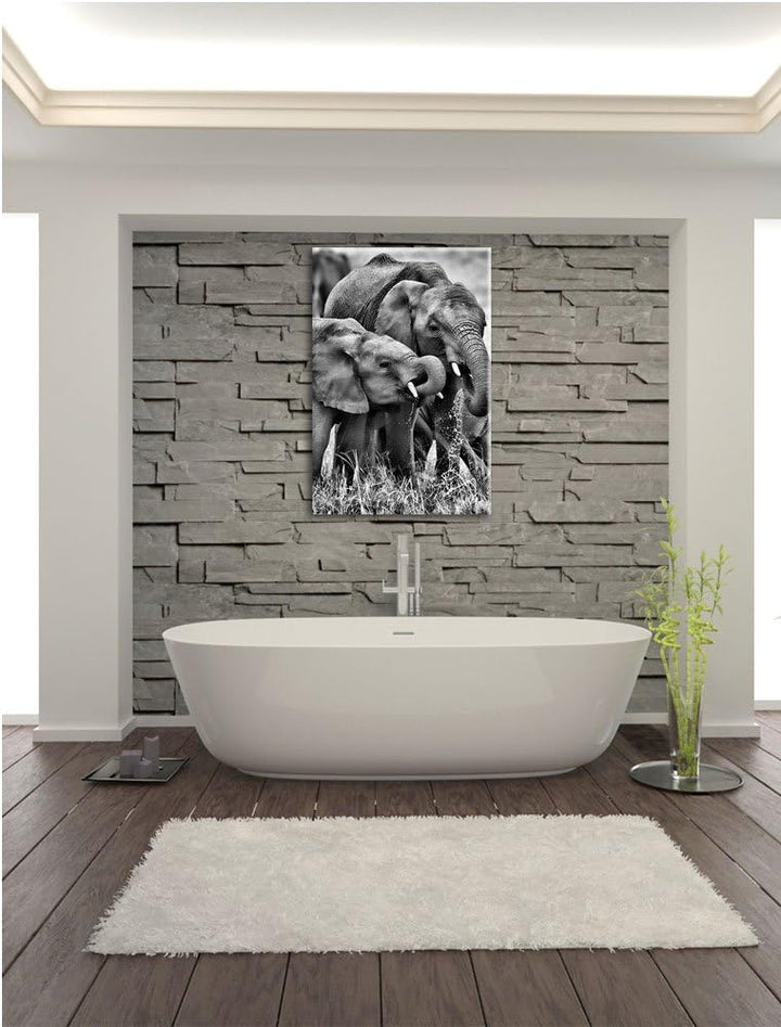 Pixxprint Elefantenhorde am Wasserloch als Leinwandbild | Grösse: 100x70 cm | Wandbild | Kunstdruck