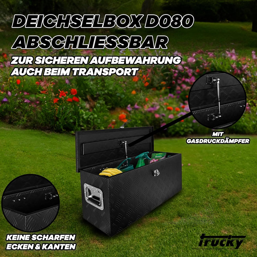 Trucky Truckbox aus Aluminium, in Schwarz, Abschliessbar, Robustes Riffelblech, Für Werkstatt, Auto,