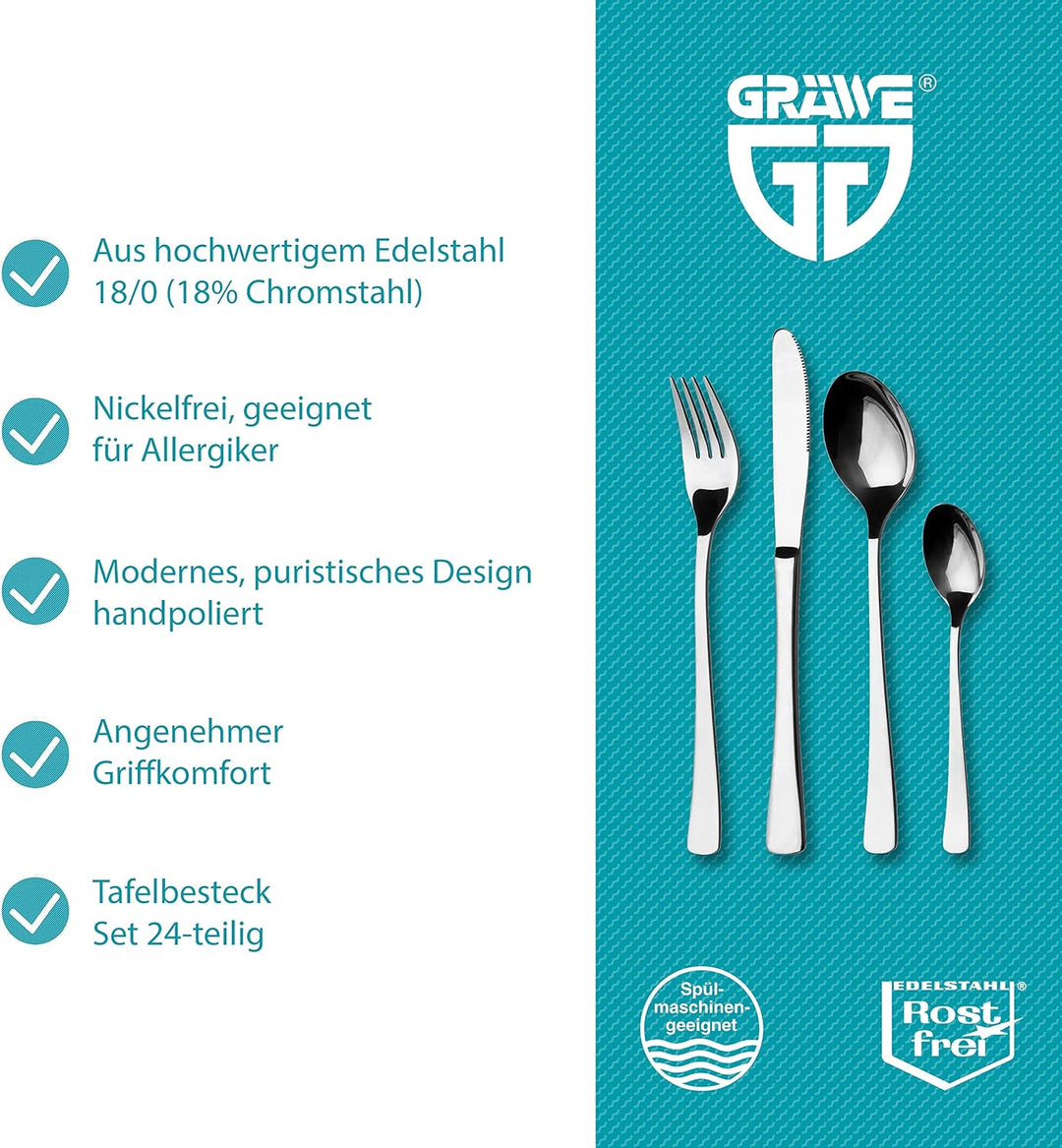 GRÄWE Besteckset für 6 Personen aus Edelstahl, Tafelbesteck Set 24-teilig, nickelfrei, rostfrei, han