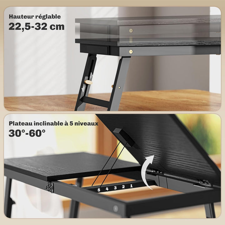 HOMCOM Klappbarer und verstellbarer Betttisch, Laptop-Tisch mit neigbarer Tischplatte, Schublade, Ba