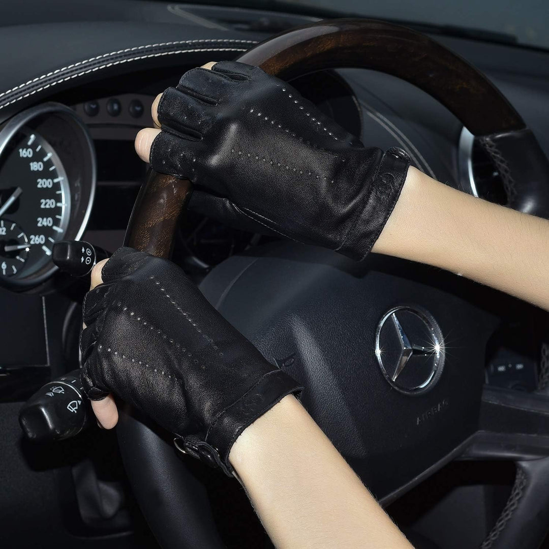 GSG Fingerlose Lederhandschuhe Damen aus echtem Leder Ungefütterte Halbfinger-Fahrhandschuhe aus Sch