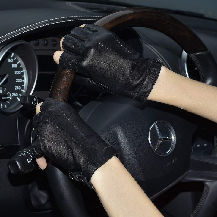GSG Fingerlose Lederhandschuhe Damen aus echtem Leder Ungefütterte Halbfinger-Fahrhandschuhe aus Sch