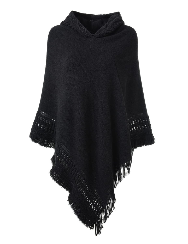 Ferand Damen Poncho mit Kapuze und gehäkeltem Cape mit Fransensaum für Herbst Winter Einheitsgrösse