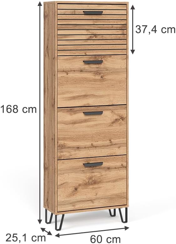 Vicco Schuhkipper Amber, Eiche Wotan, 60 x 168 cm mit 4 Fächern Schuhschrank, 4 Fächern, Schuhschran