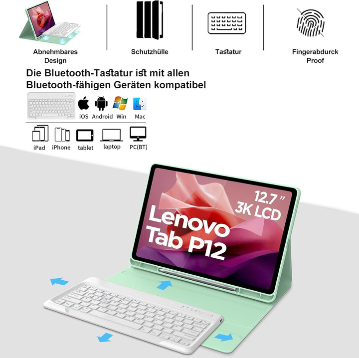 Tastatur Hülle für Lenovo Tab P12 12.7" 2023, QWERTZ Layout, Hülle Tastatur mit Magnetisch Abnehmbar