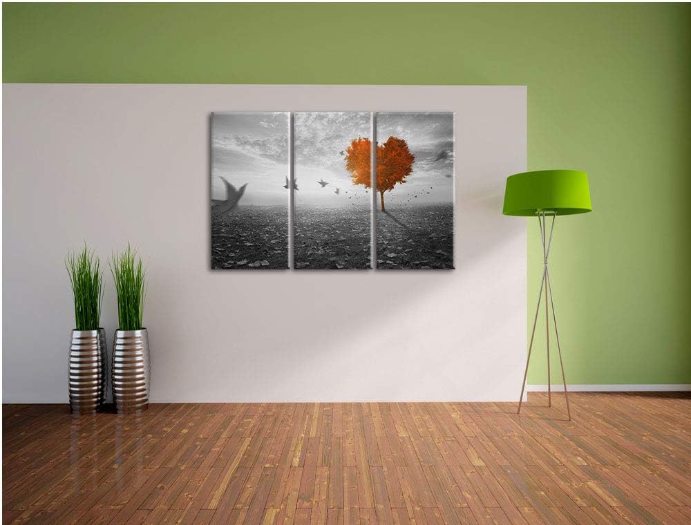 Pixxprint Roter Herzbaum im Herbst als Leinwandbild | Grösse: 3 Teilig (120x80) | Wandbild| Kunstdru