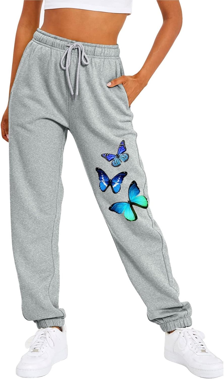 Jogginghose Damen, Damen Jogginghose Lang High Waist Trainingshose mit Taschen Schmetterling Drucken