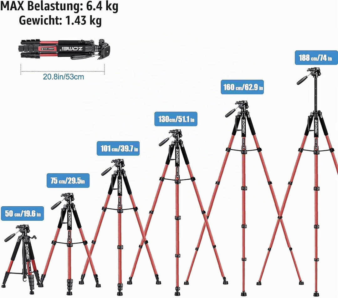 ZOMEi 188cm Stativ Heavy Duty Tall Tripod Stand, Professional Travel Video Tripod Kompatibel mit DSL