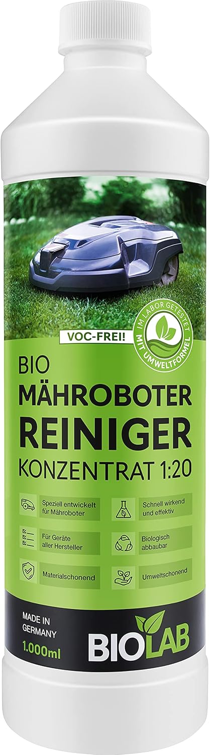 BIOLAB Bio Mähroboter Reiniger (1000 ml Konzentrat) zur Rasenmäher Roboter Reinigung, passend für Ga