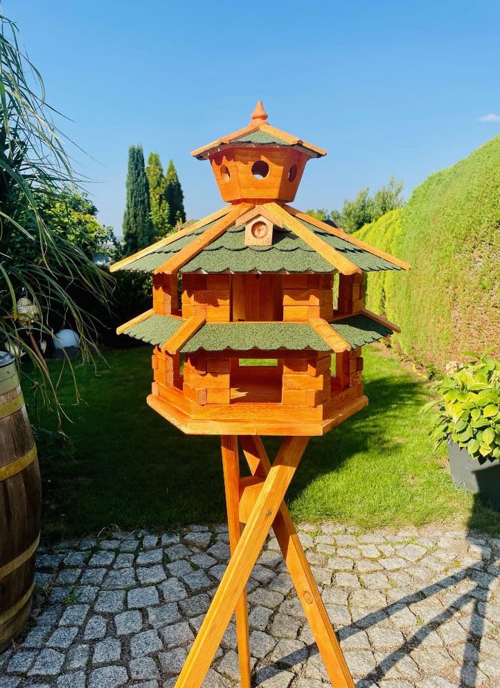 DARLUX Vogelvilla wetterfest von L bis XXL Futterhaus Vogelhaus mit oder ohne Ständer in Braun mit R