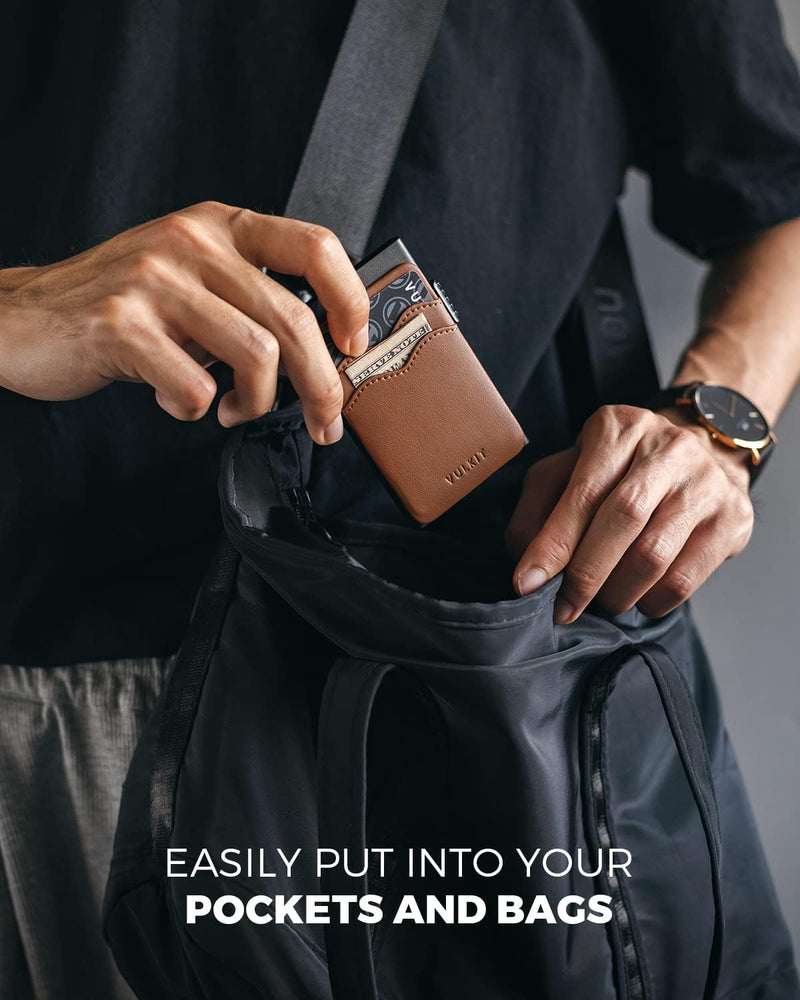 VULKIT Kreditkartenetui Minimalistische Slim Pop Up Geldbörse mit Lederschlitzen RFID-Blockierung fü