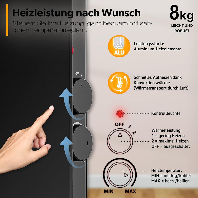 TRESKO® Glaskonvektor Elektroheizung 2000W | Glasheizung elektrisch | Konvektor Heizung Heizkörper |