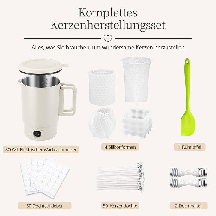GARMEE Elektrischer Wachsschmelzer 800ML Kerzen Selber Machen Set mit 4 Kerzenformen Silikon, Wachss