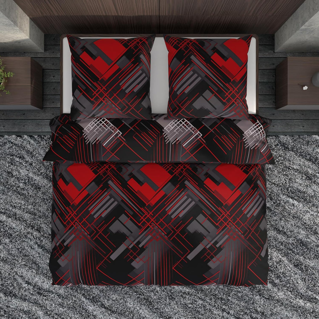 LARAWELL Bettwäsche 135x200 Baumwolle ganzjahres Bettwäsche-Sets rot grau abstrakt geometrisch Premi