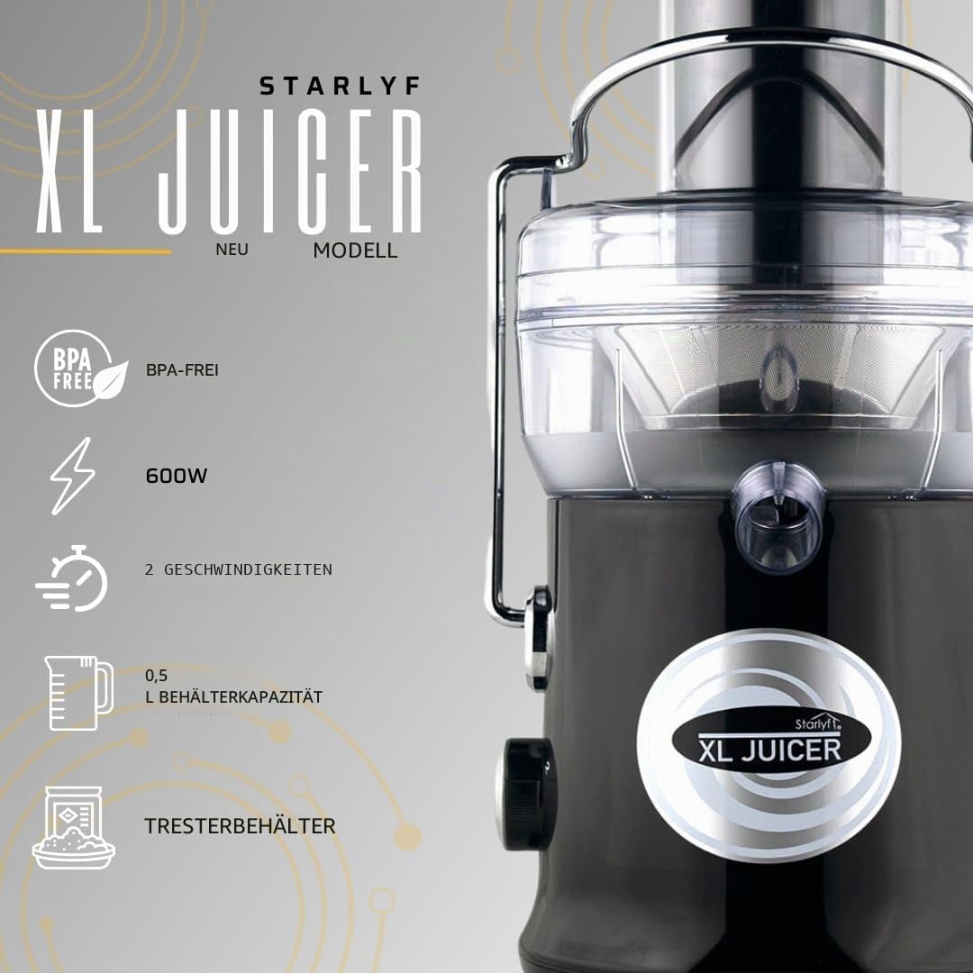 Starlyf XL Juicer Leistungsstarke Saftpresse 600 W, 2 Geschwindigkeiten, BPA-frei, für die Küche, Ex