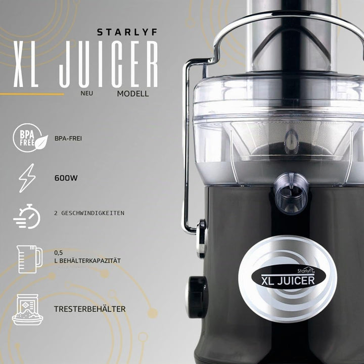Starlyf XL Juicer Leistungsstarke Saftpresse 600 W, 2 Geschwindigkeiten, BPA-frei, für die Küche, Ex