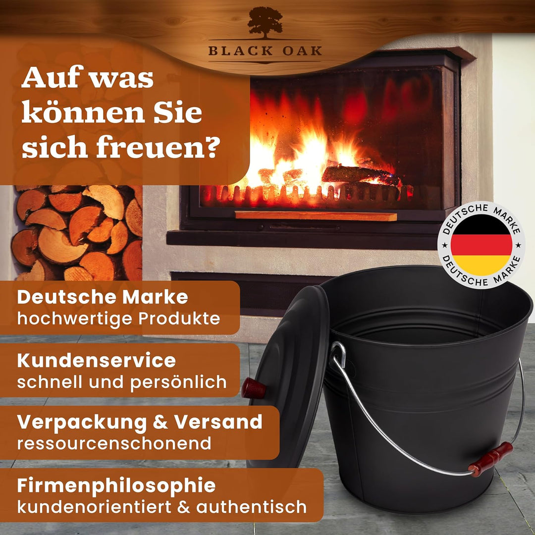 BLACK OAK Ascheeimer KATLA 15L – schwarz Deckel mit Holzknopf - gross 15 Liter - Stahl feuerfest ver