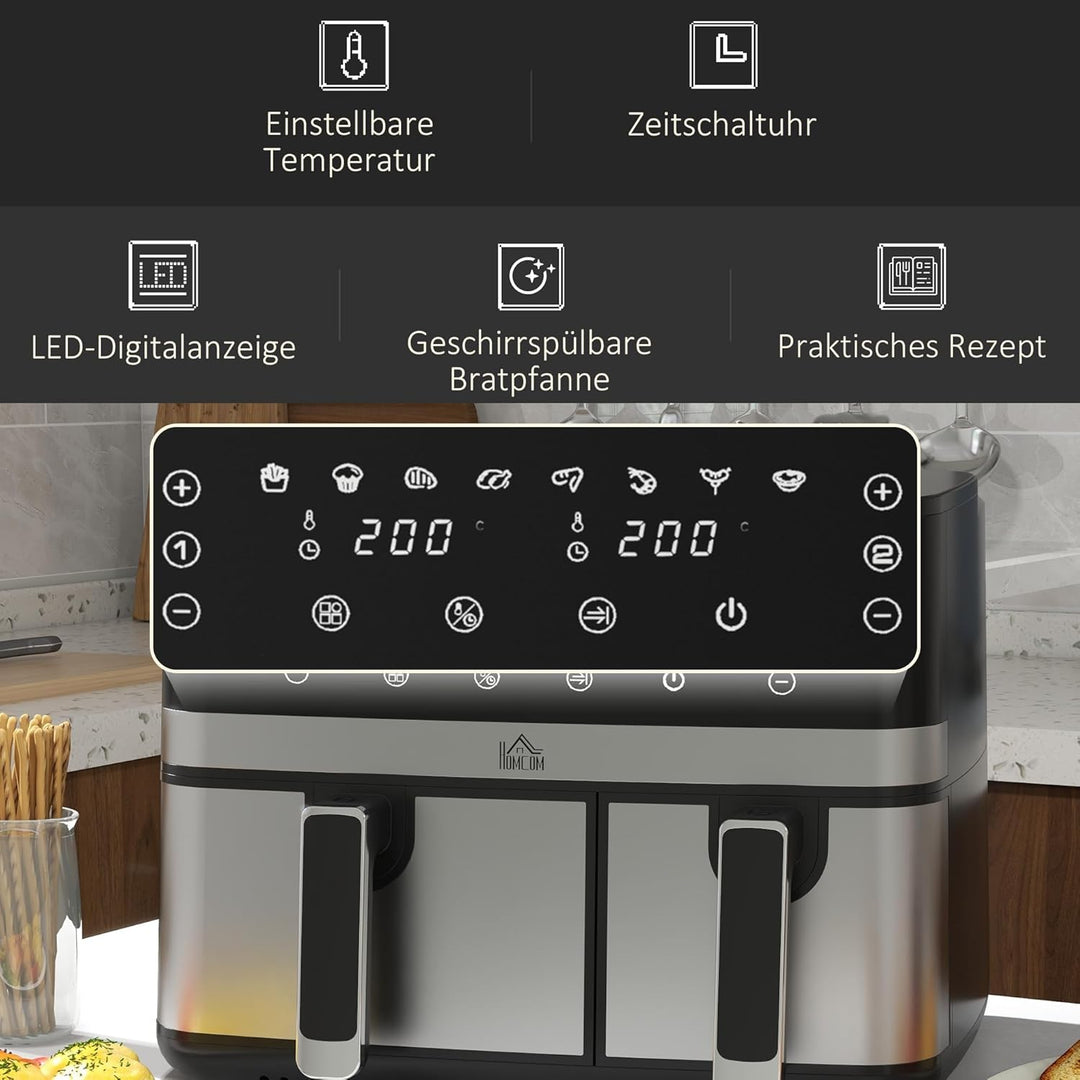 HOMCOM Dual Zone Heissluftfritteuse 8,5 L Airfryer 2700W mit 2 Fächer, 8 Programme, Antihaftbeschich