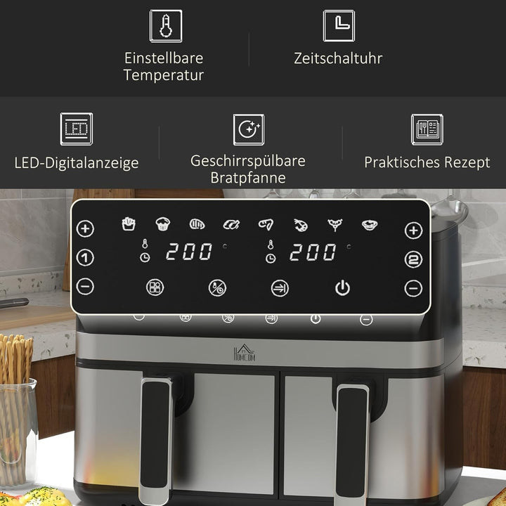 HOMCOM Dual Zone Heissluftfritteuse 8,5 L Airfryer 2700W mit 2 Fächer, 8 Programme, Antihaftbeschich