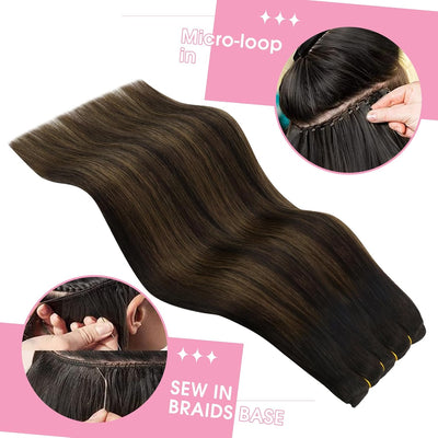 YoungSee Tressen Extensions Echthaar Ombre Echthaar Tressen zum Einnahen Braun Balayage Weft Extensi