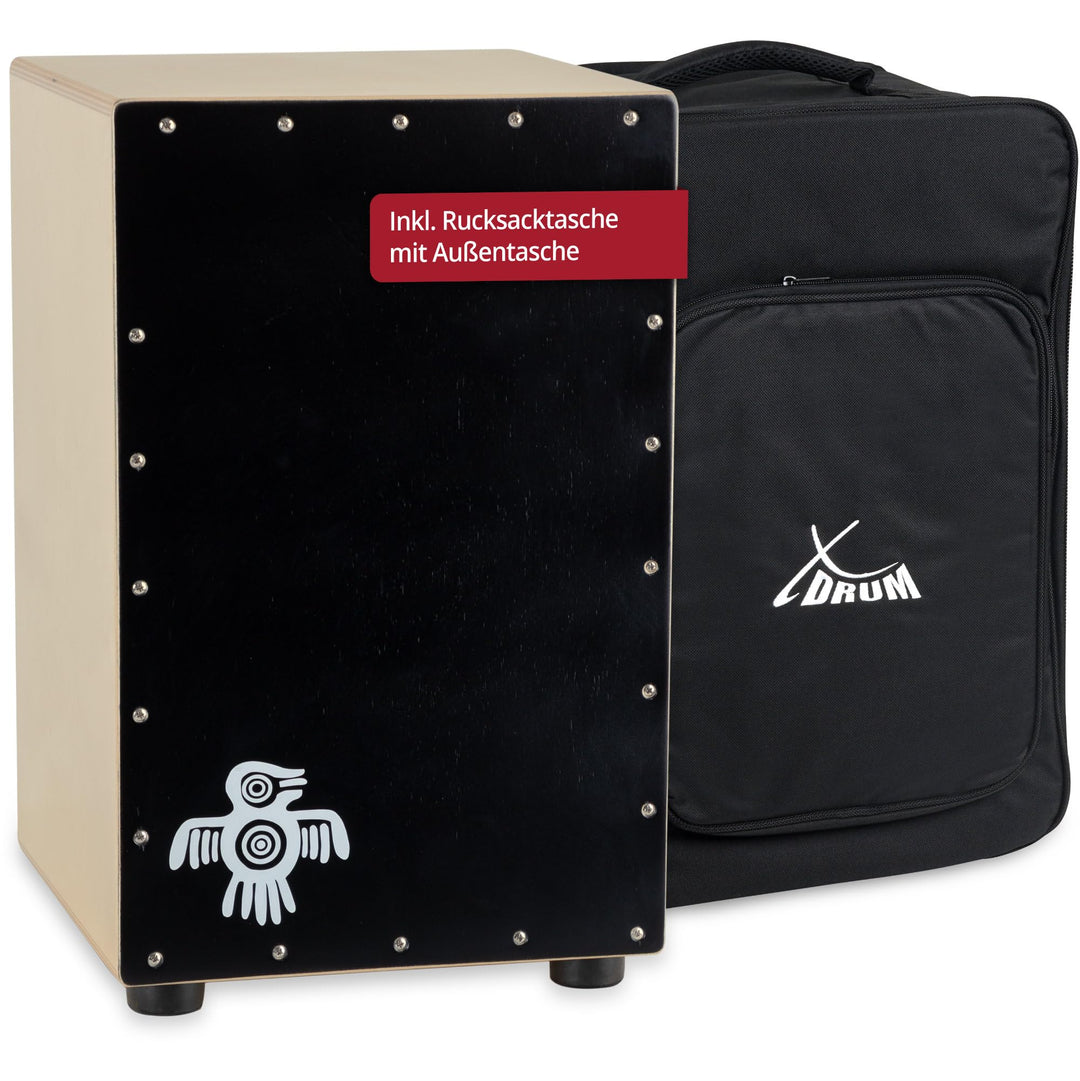 XDrum Cajon Peruana Black Wood (3 mm Schlagplatte, 9 mm Birkenkorpus, 48 cm hoch, inkl. Rucksack-Tas