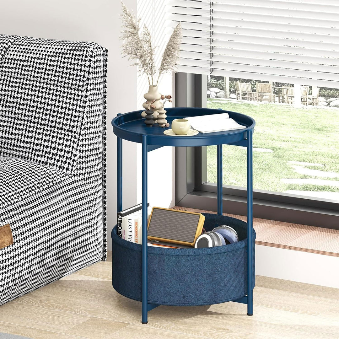 Beistelltisch Rund, Kleiner Tisch, Metall Balkontisch, Sofatisch 2 Ebenen, Couchtisch mit Korb aus S