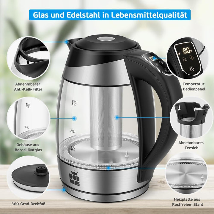 ForMe Glas Wasserkocher 1,8 Temperatureinstellung Temperaturwahl 40°C-100°C Farbwechsel LED I BPA FR