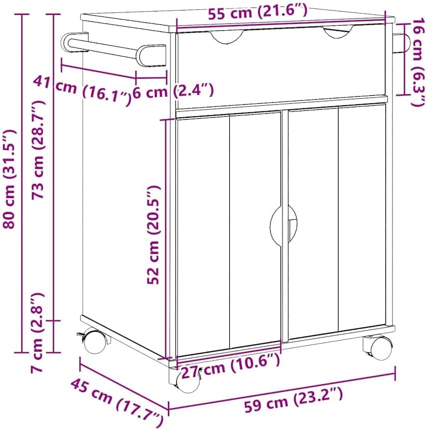 vidaXL Küchenwagen, Regal mit Aufbewahrung, Servierwagen, Rollwagen, Haus-Organizer, 59 x 45 x 80 cm