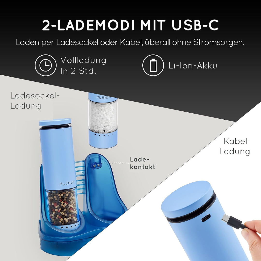 Flendy Salz und Pfeffermühle Elektrisch 2er Set, Elektrische Salz und Pfeffermühle Set mit USB-C Lad