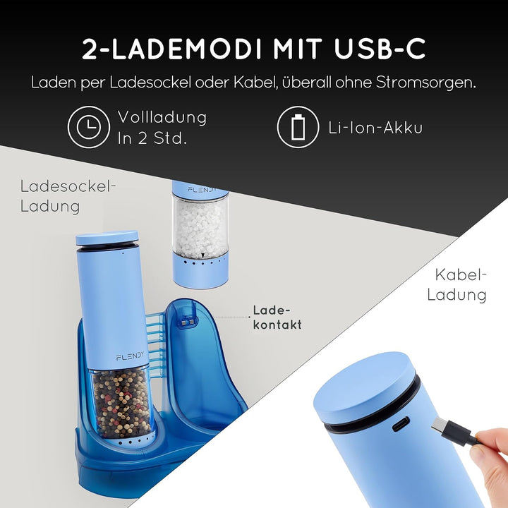 Flendy Salz und Pfeffermühle Elektrisch 2er Set, Elektrische Salz und Pfeffermühle Set mit USB-C Lad