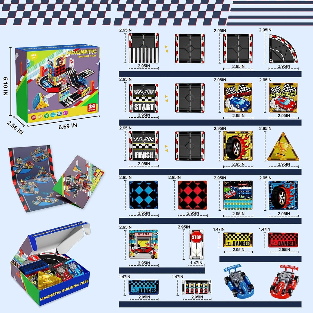 Magneverse Magnetische Bausteine Rennbahn Set mit 2 Autos – 34PCS Magnetbausteine Autorennen Spielze