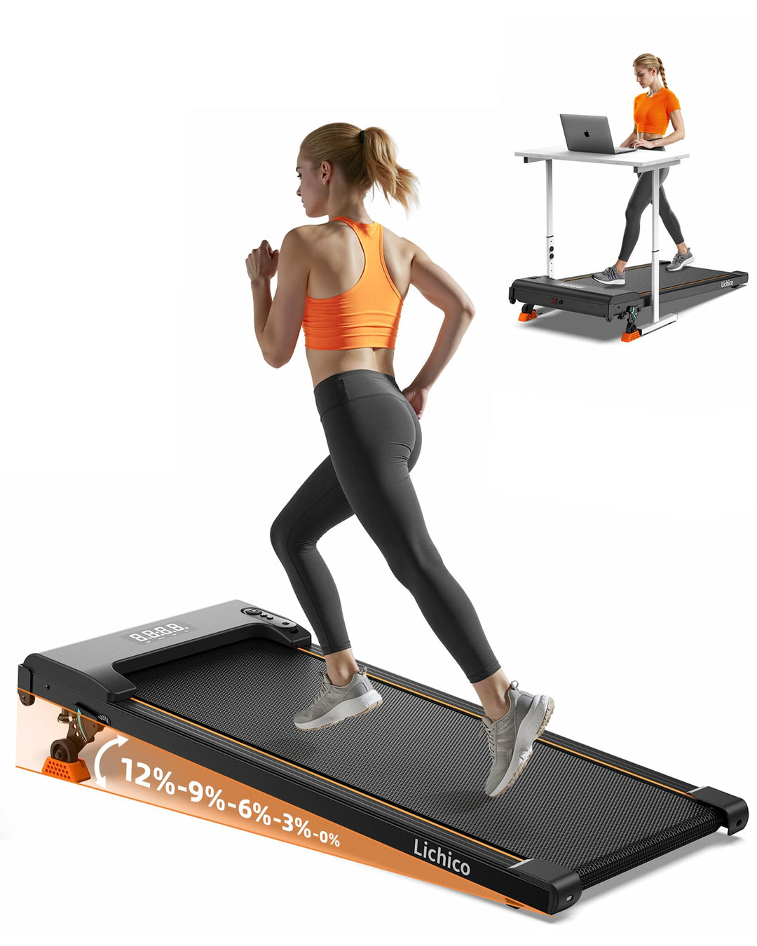 Lichico 3-in-1 Walking Pad mit 0-9% Steigung, Laufband für Zuhause Klein, platzsparendes Heimtrainin