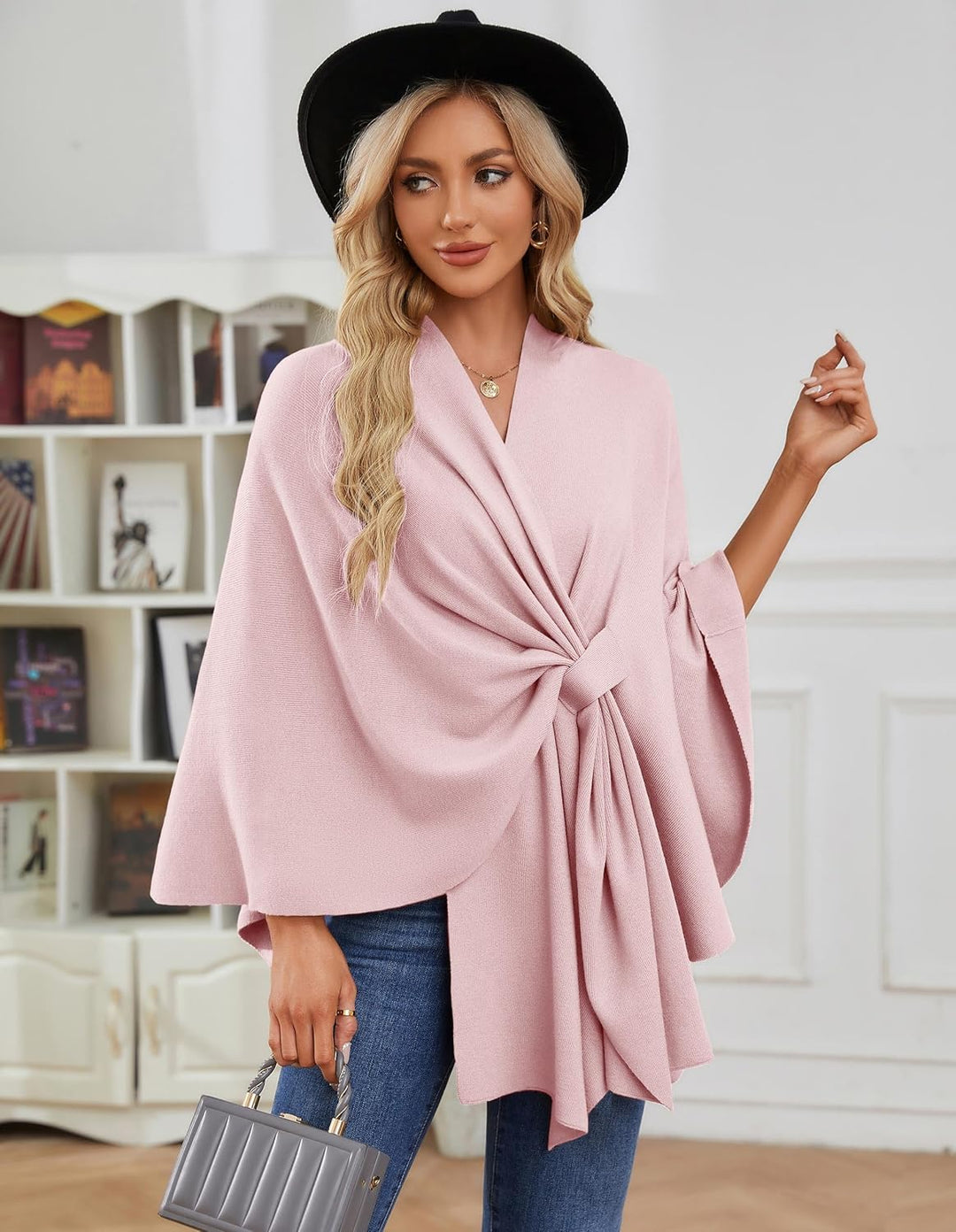 PULI Damen Elegant Poncho Strick Ponchos Capes Vorne öffnen Vielseitige Schalwickel mit Lasche Rosa,
