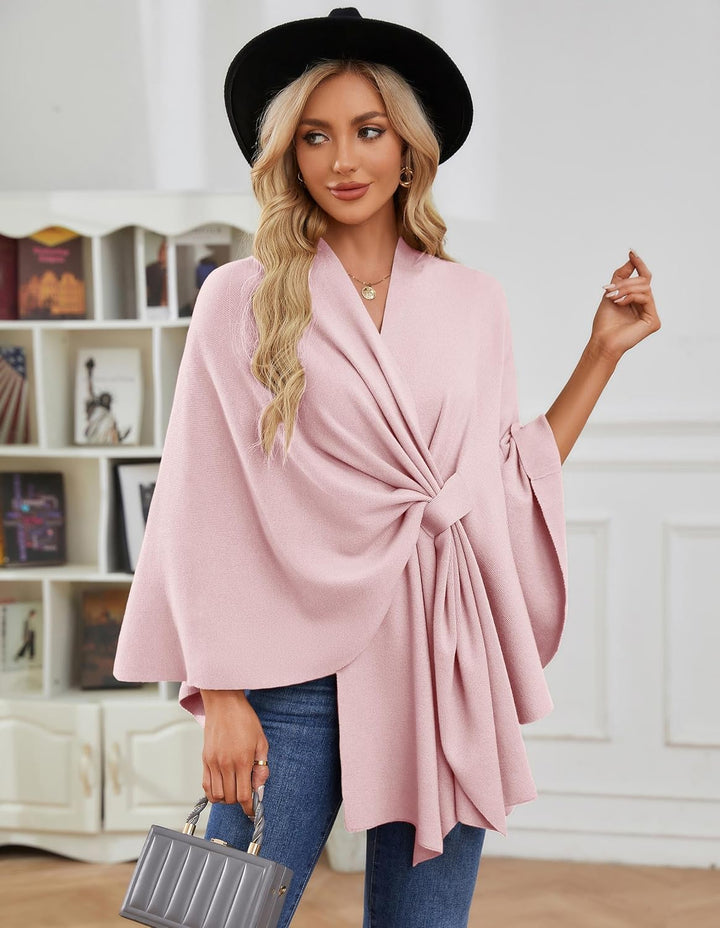 PULI Damen Elegant Poncho Strick Ponchos Capes Vorne öffnen Vielseitige Schalwickel mit Lasche Rosa,
