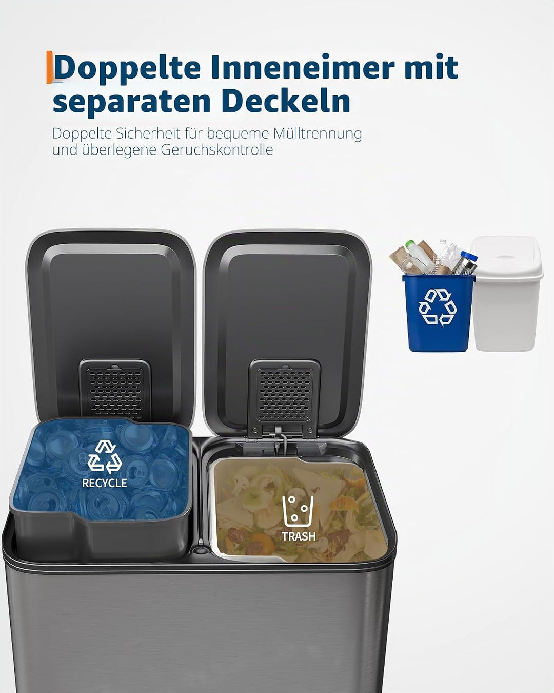 GarveeHome Mülleimer Küche, 2 x 30 L, Mülltrennsystem 2 Fächer, Metall-Tretmülleimer mit Seitlichem