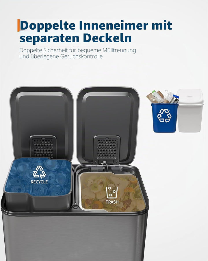 GarveeHome Mülleimer Küche, 2 x 30 L, Mülltrennsystem 2 Fächer, Metall-Tretmülleimer mit Seitlichem