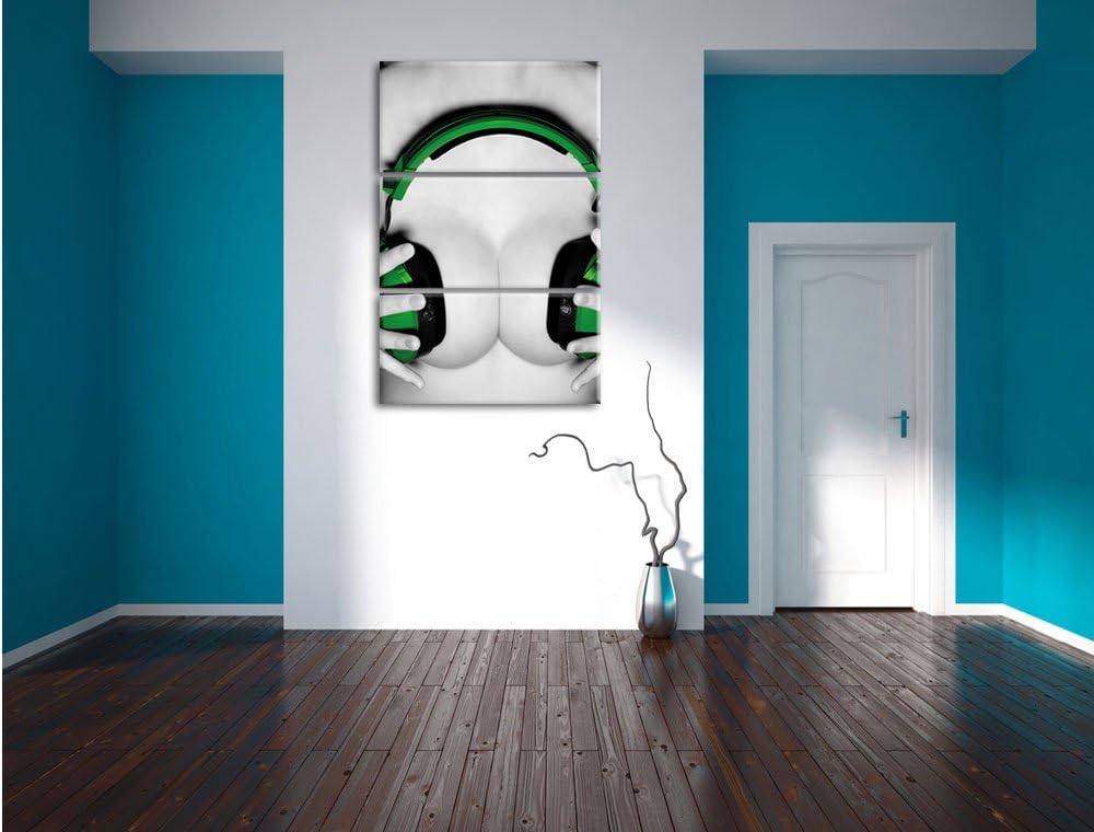 Dark Sexy Girl grüne Kopfhörer schwarz/weiss 3-Teiler Leinwandbild 120x80 Bild auf Leinwand