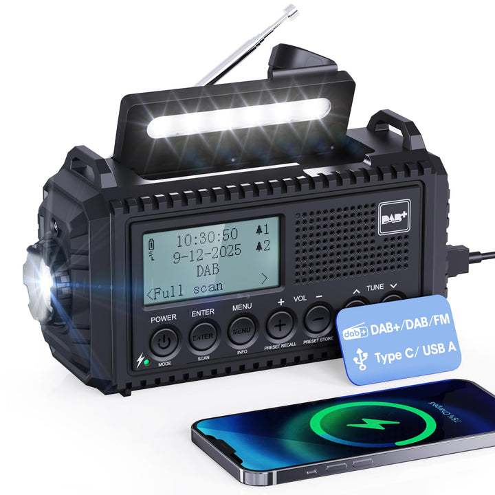 Kurbelradio DAB/UKW, Tragbare Solar Radio mit LED Taschenlampe & Leselicht, DAB+/FM Dynamo Radio IPX