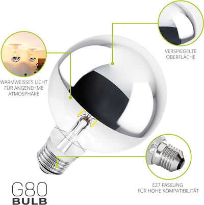 linovum LED Kopfspiegel Birne E27 mit 7W warmweiss - Globe Spiegelkopf Glühlampe mit verspiegeltem K